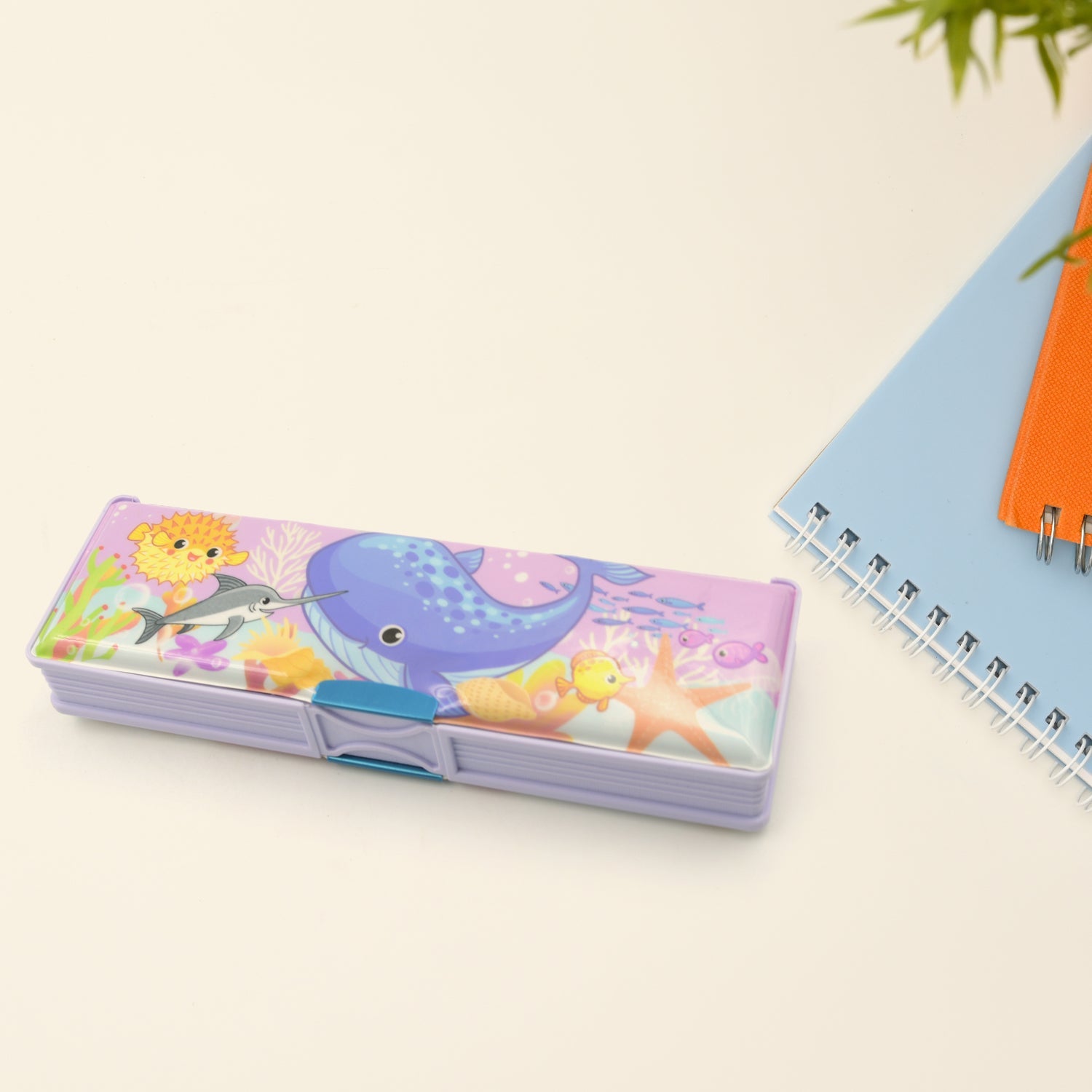 Cartoon-printed plastic pencil case with double compartments