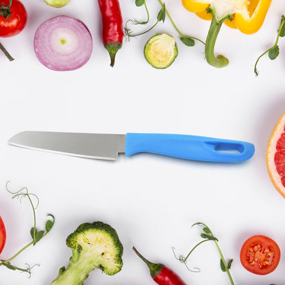 Kitchen knife with blade cover for safe storage.