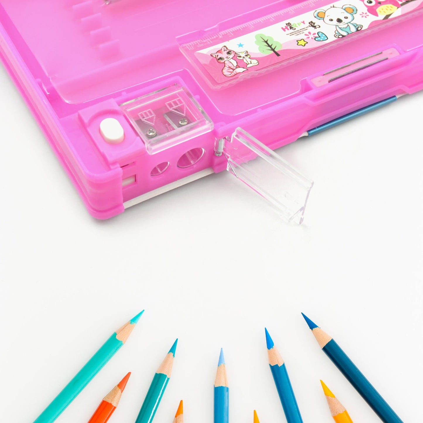 Kids' pencil case with multiple compartments and print