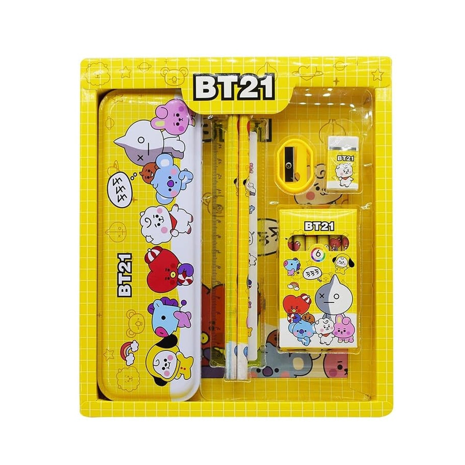 12-piece stationery kit for kids, includes metal pencil box and sharpener