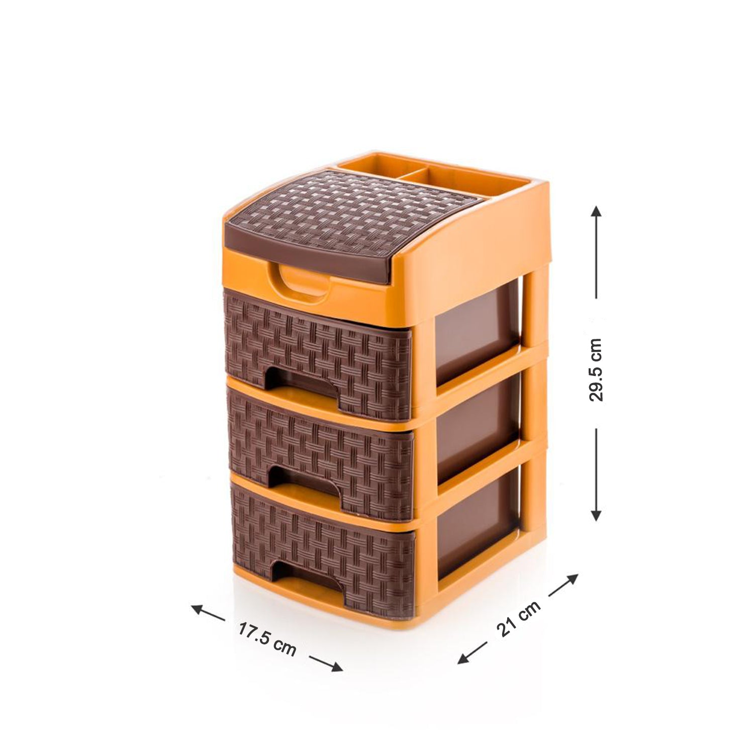 Mini 3-tier storage organizer, ideal for various items in homes and offices.